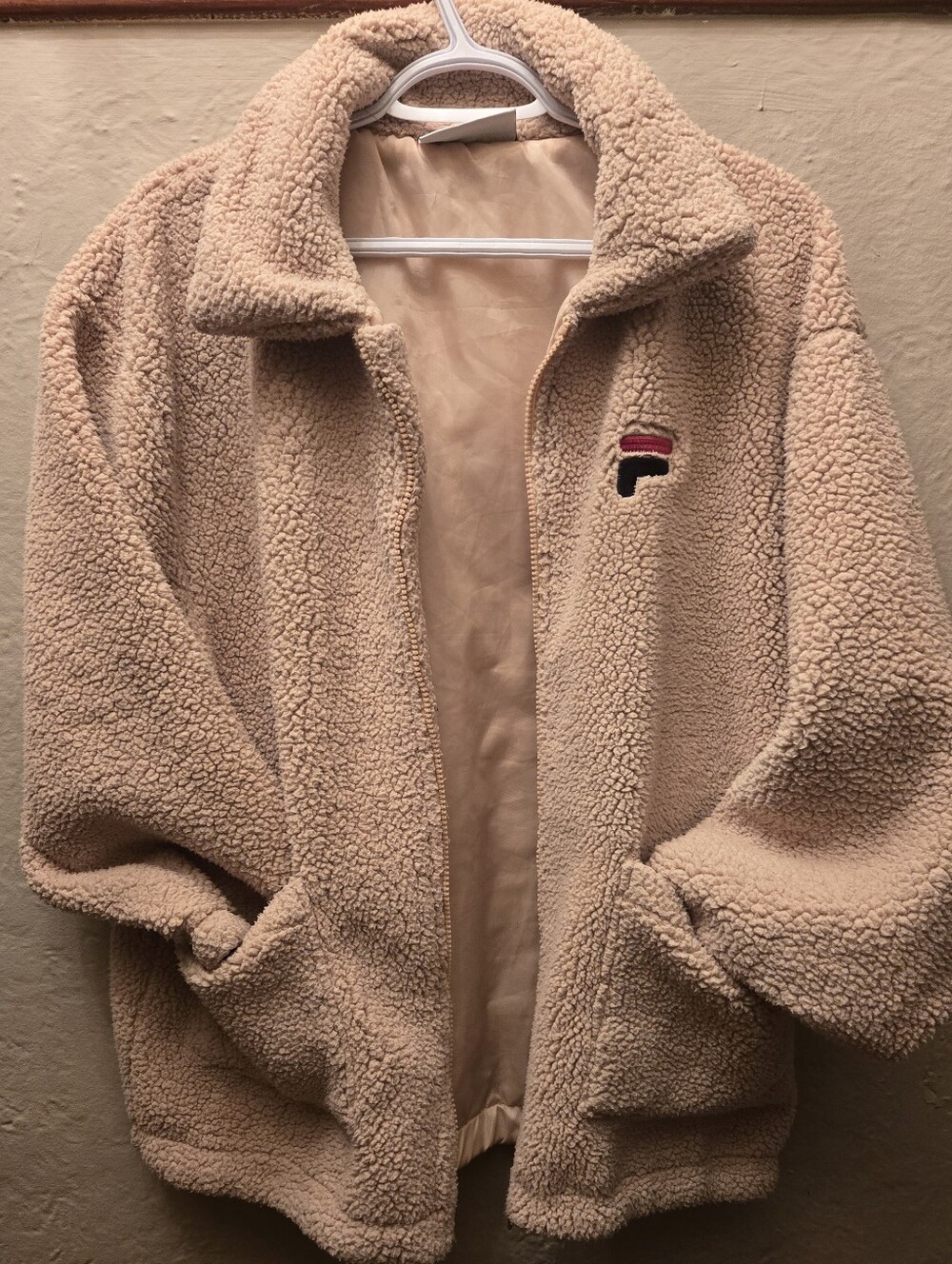 FILA Beige Teddy Sherpa Zip Jacket Cozy Oversized Fleece